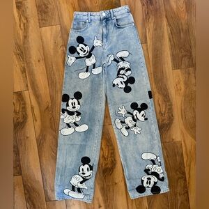 Disney x Bershka Collab Mickey Mouse High Waisted Wide Leg Jeans